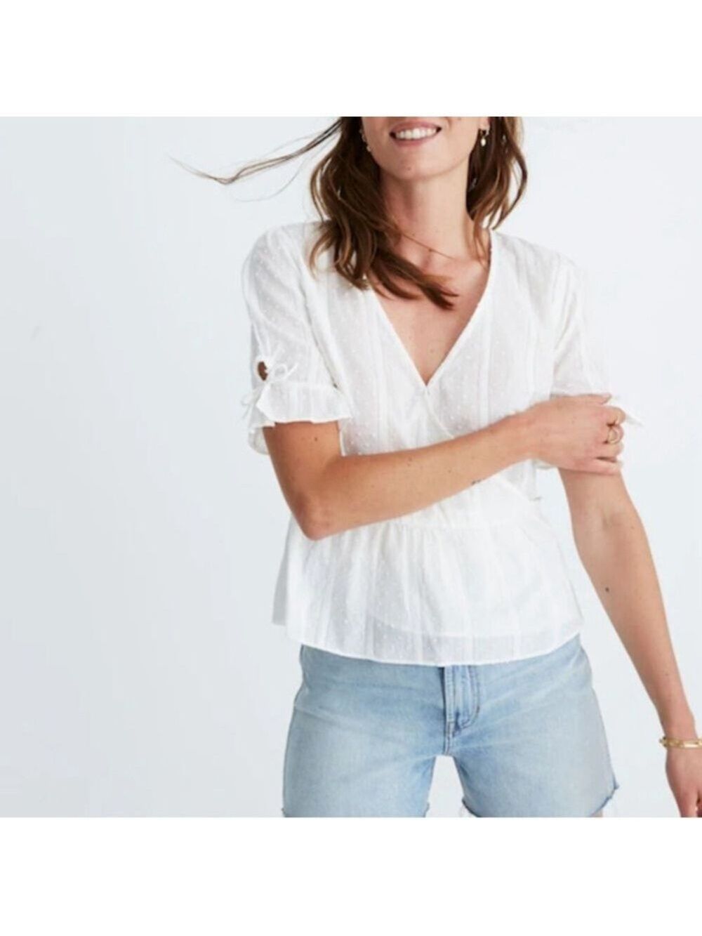 Madewell White Tie-Sleeve Wrap Top in Swiss Dot